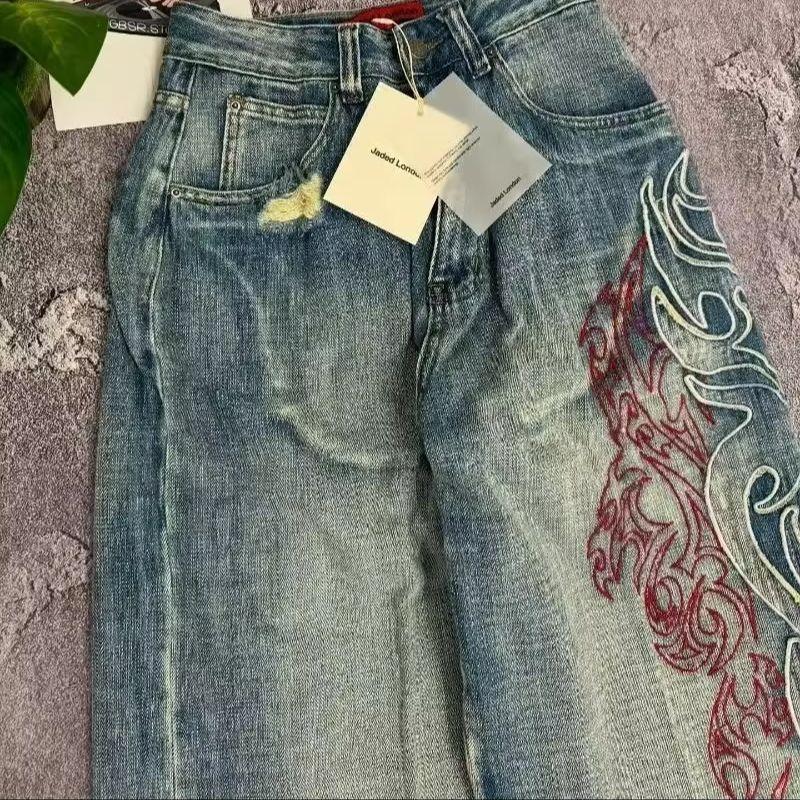 Retro Streetwear Kalhoty Y2K Výšivka Volné Džíny Hip Hop Harajuku Dámské Ležérní Prané Oprané Kalhoty po celé délce