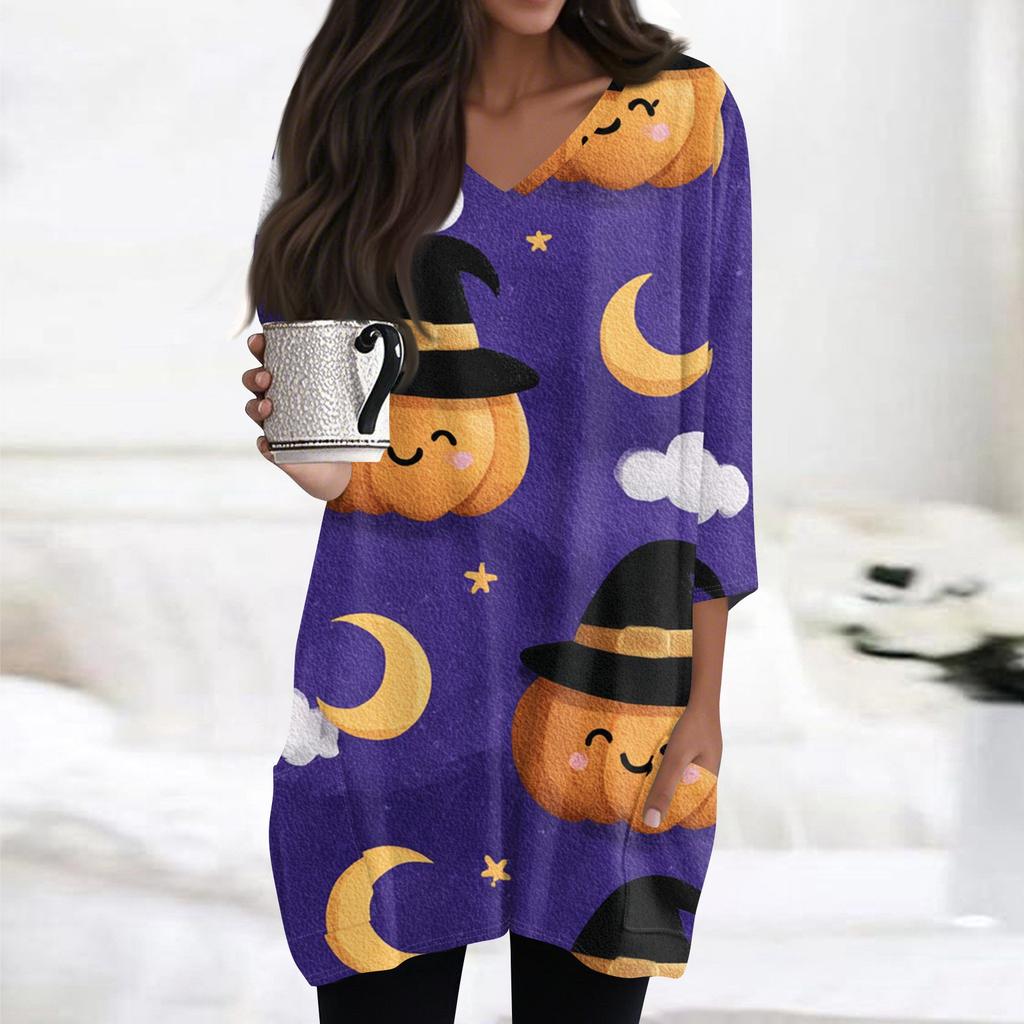 Womens's Fashion Casual Halloween Print V-neck Mid Length Pocket 3/4 Sleeve Top