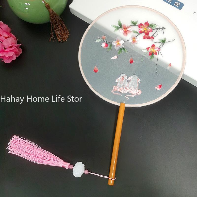 Fashion Chinese Style Wooden Handle Fan Embroidery Flower Girl Gift Portable Home Decor Hand Fans Crafts Dance Fan