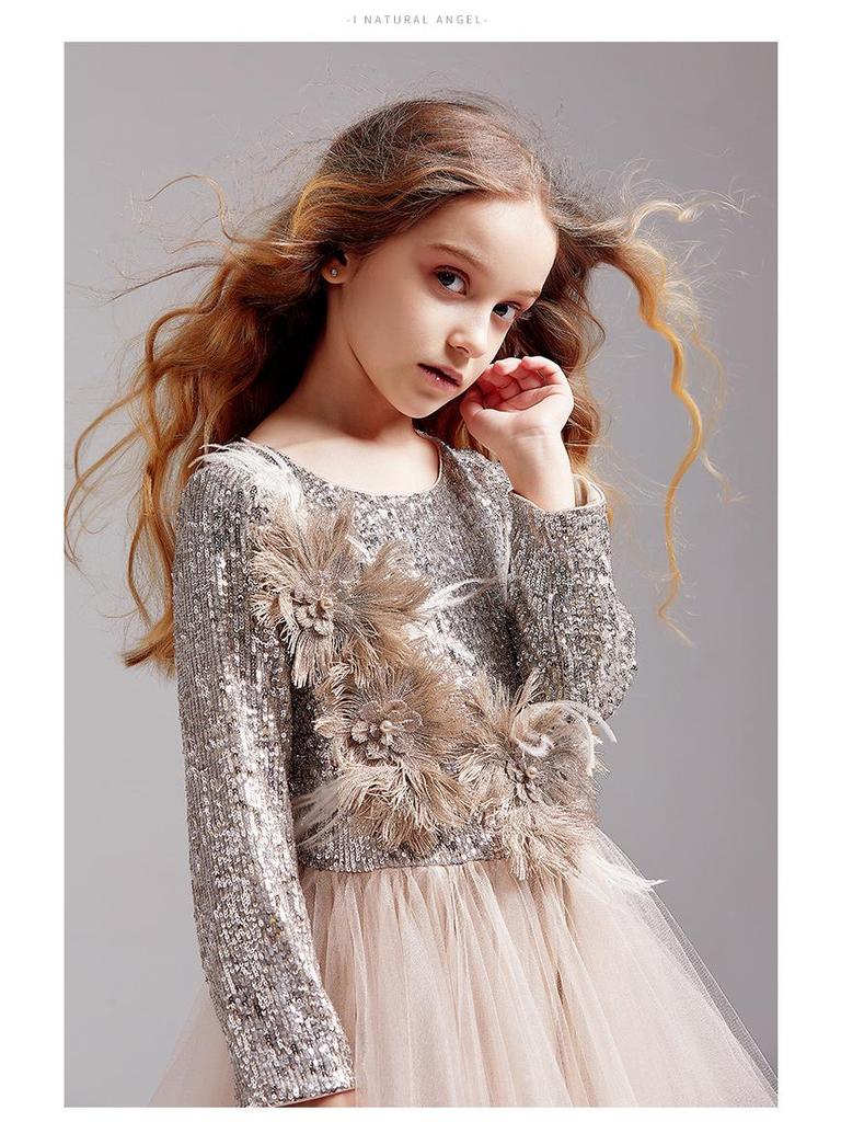 Rochie Tutu de Prințesă cu Paiete pentru Fete, Ținută de Spectacol și Bal cu Mânecă Lungă