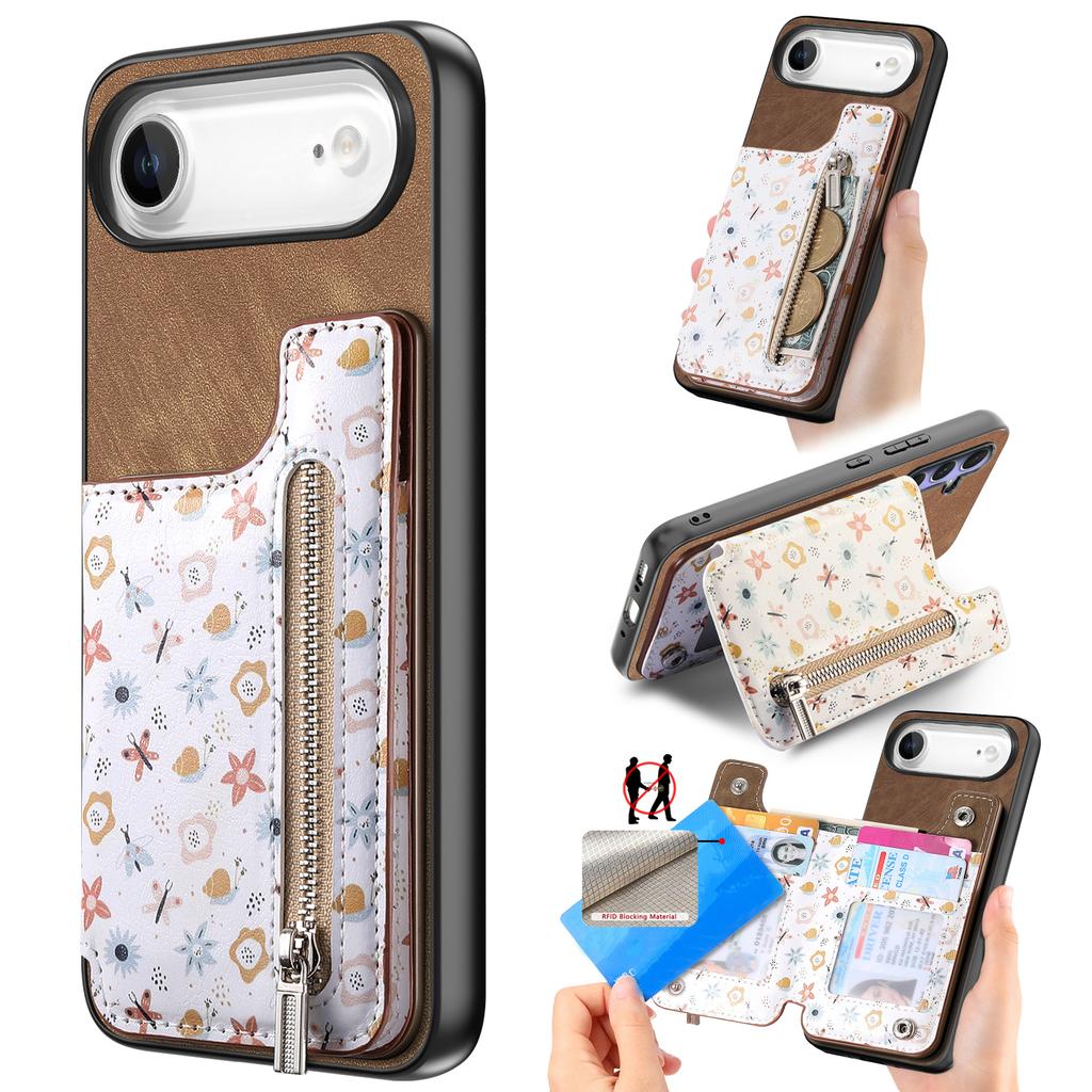 For iPhone Air Leather Phone Cover with RFID Blocking Zipper Card Bag Kickstand
