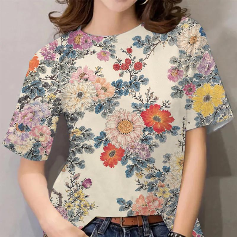 Women's Floral Print Casual T-Shirt - Short Sleeve