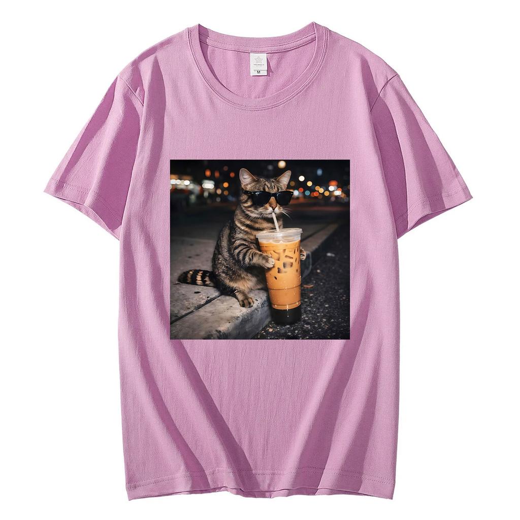Funny Cat Drinking Coffee Meme Graphic T Shirts High Quality Fashion Short Sleeve Tshirts Men Women Casual Loose Cotton Tshirt