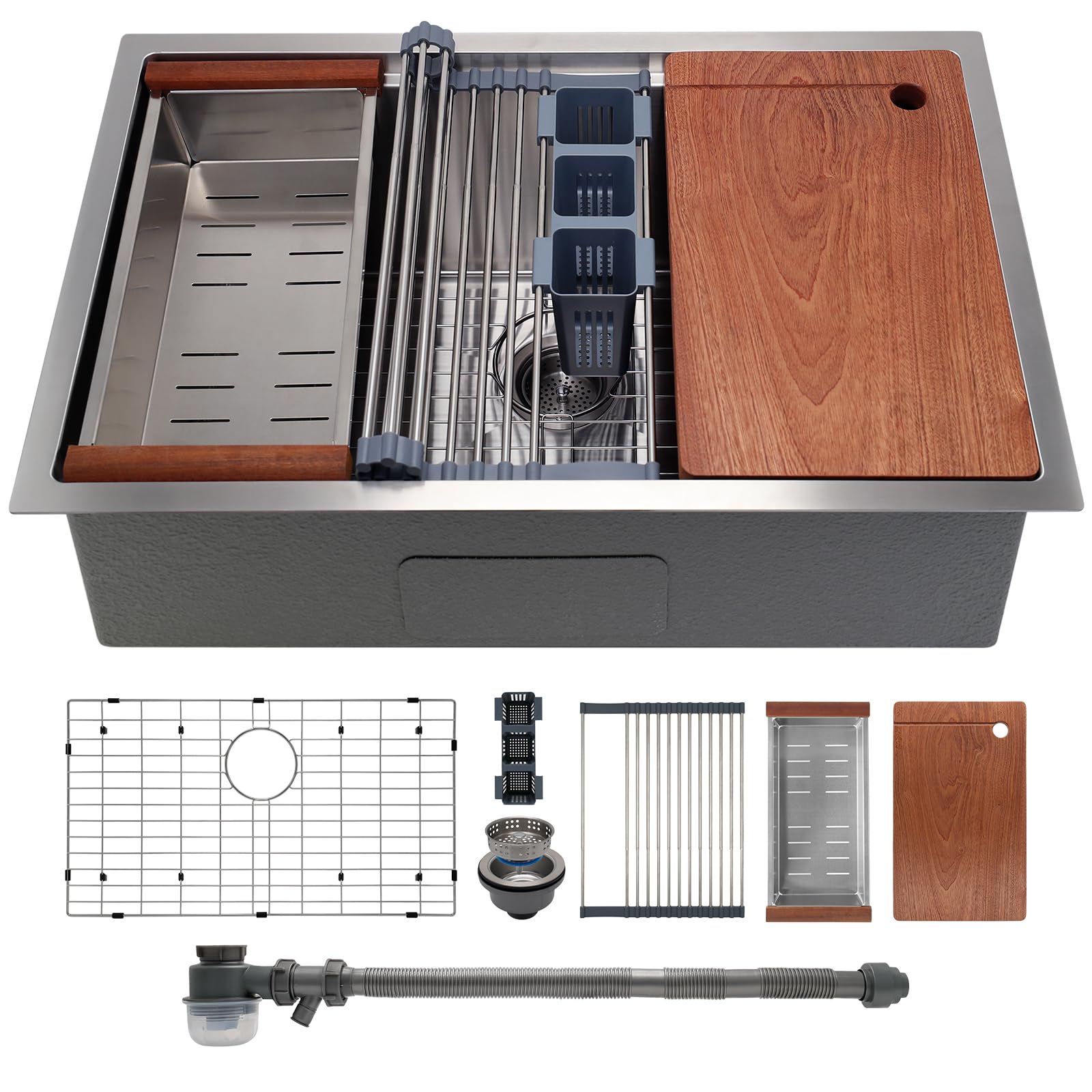 

Кухонная мойка из нержавеющей стали с одной чашей для установки под столешницу, с разделочной доской и корзиной-ситечком 762X483X220