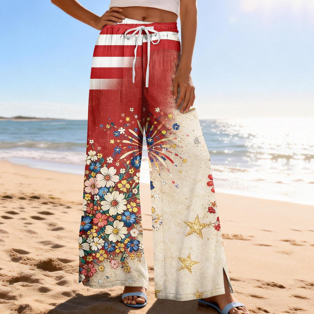 Dámské letní boho palazzo kalhoty s vysokým pasem a širokými nohavicemi, tisk, ležérní kalhoty s kapsami