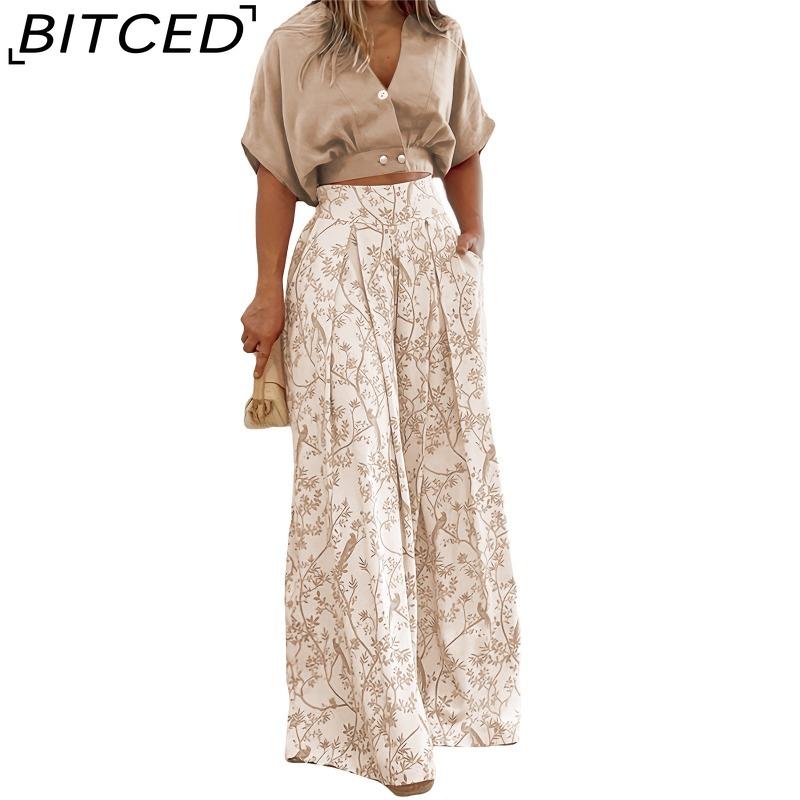 BITCED Summer Set Shirt Top with V-Neck Fashion Print Wide-Leg Trousers Stylish Set