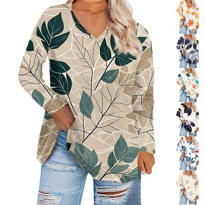 Damska Moda Nadruk Defoliacji Dekolt V Rozmiar Plus Casual Długi Rękaw T-Shirt Top