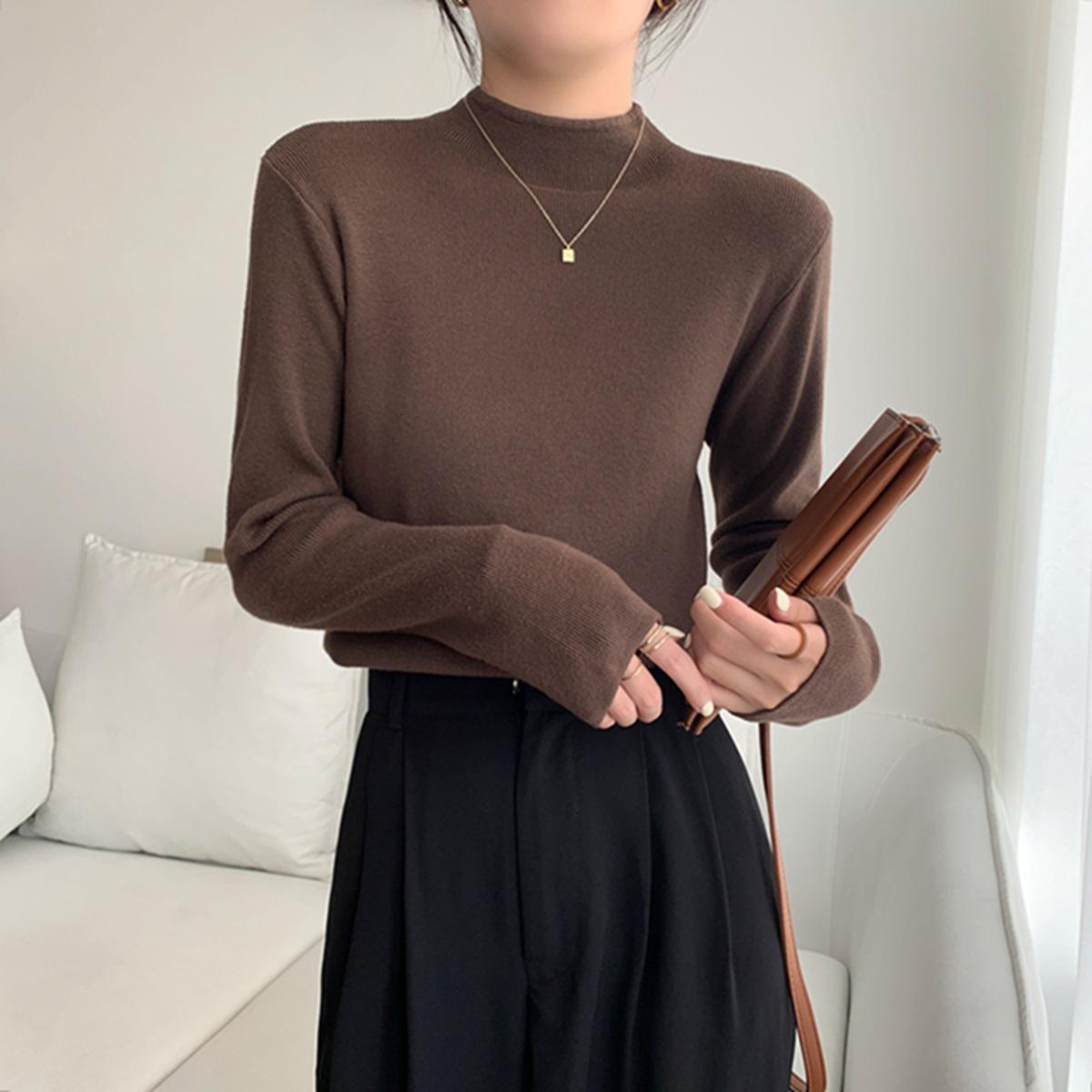 

Autumn and winter warm small stand-up collar with knitted bottoming shirt inside, women s stacked long-sleeved solid-color versatile soft waxy XL колір темно кави