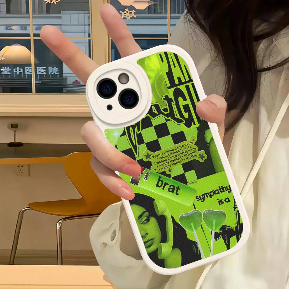 C-Charlis XCX B-BRAT Leather Phone Case For IPhone 16 16e 15 14 13 12 11 Pro Max Plus Mini Cover