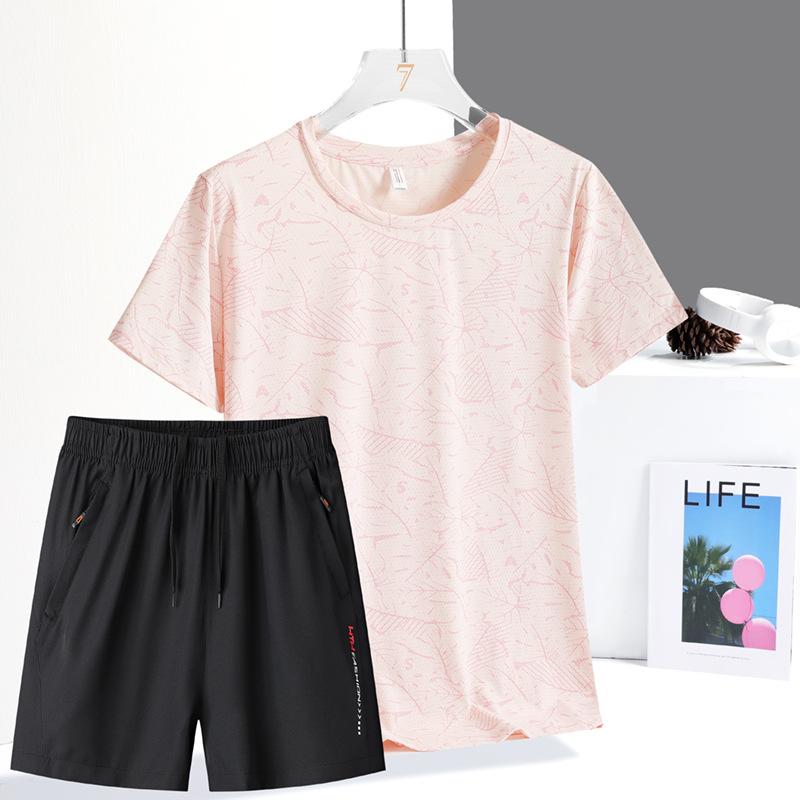 

Комплект из ледяного шелка Женский летний тонкий для бега, спорта, отдыха, дышащий, быстросохнущий, шорты, свободный женский комплект из двух предметов M розовый