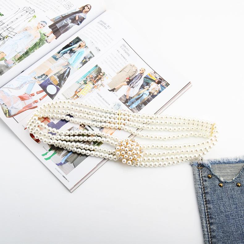 Ladies Dress Embellished With Four Rows Of High-Quality Pearl Elastic Elastic Flash Diamond Belt Waist Chain
