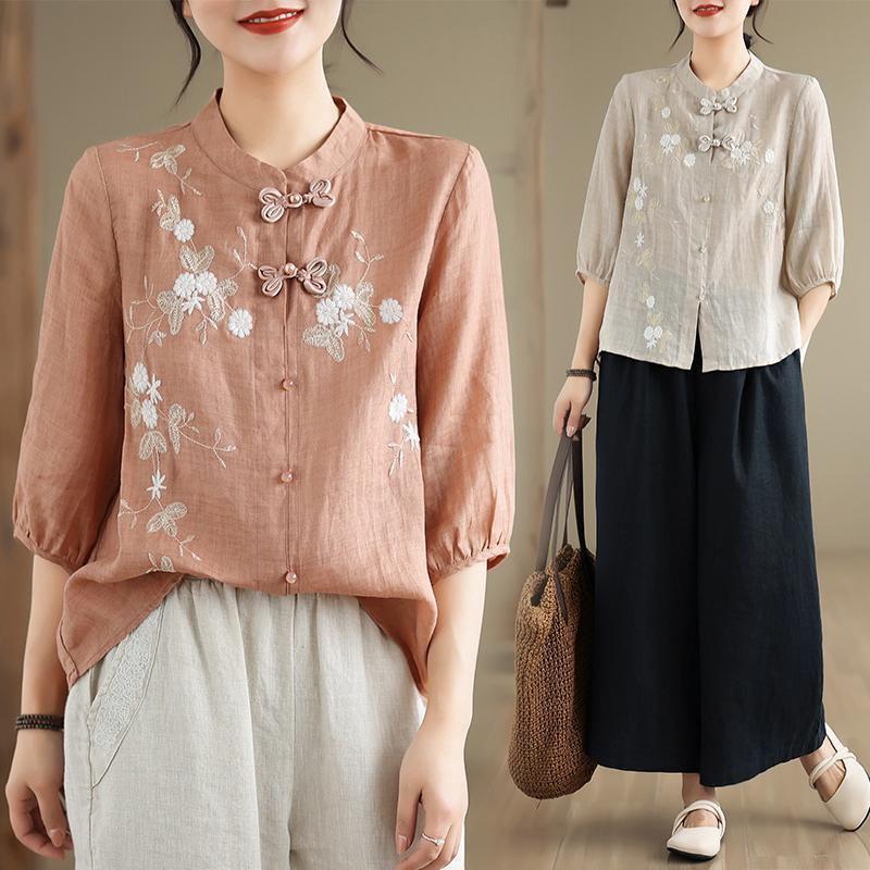 Dámská retro vyšívaná košile z bavlny a lnu se žabkovými knoflíky a stojáčkem