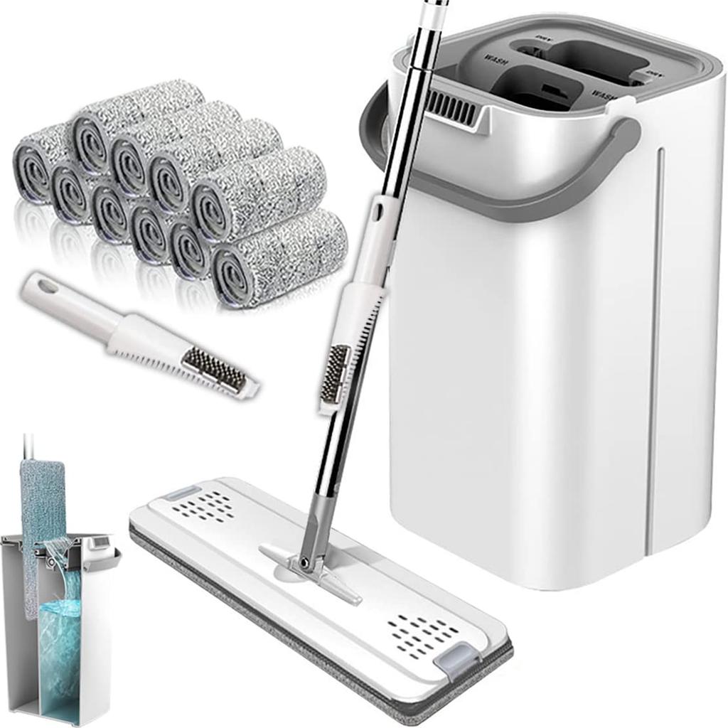 YartanXing Wet Mop Floor Mop Mop Wipe Cleaning Flat Mop with Mop Wringer and Bucket 10 Replacement Mop Pads No Hand Washing Required No Bending No