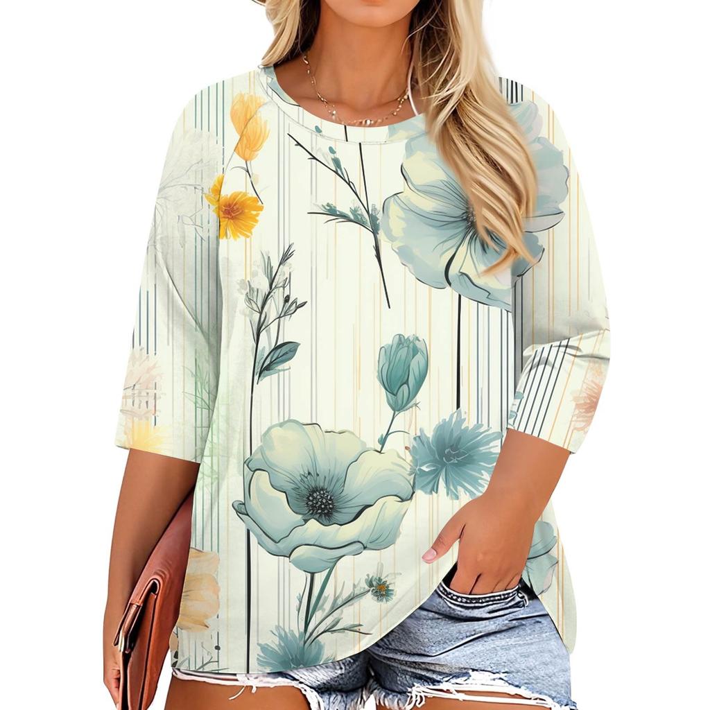 Women's Fashion Casual Print Round Neck 3/4 Sleeve T-Shirt Top