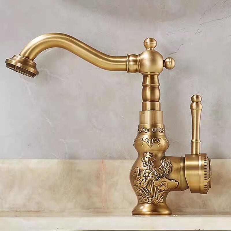 TLXT Vintage Carved Brass Bathroom Faucet