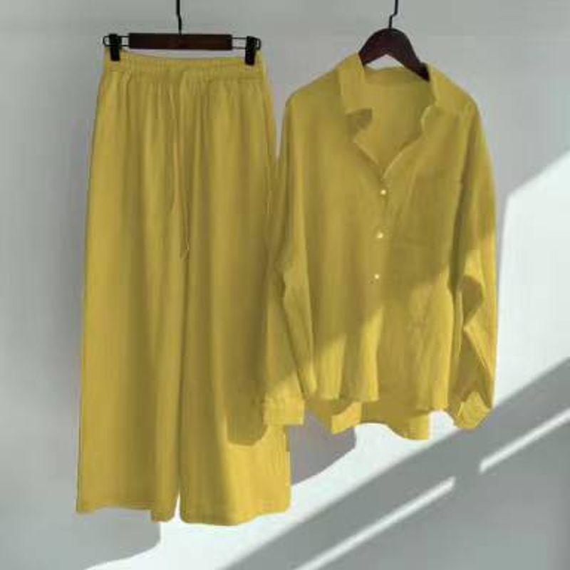 Shirt and Pants Set Summer Women's Retro Plus Size High Waist Loose Pants Cotton Linen Shirt Outfit
