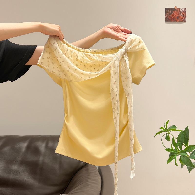 

Yellow Oblique Shoulder Floral Lace Splicing Short-sleeved T-shirt for Women Spring and Summer New Slim Waist Top L