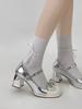Pearl Bow Silver Round Toe Chunky Heel Mary Jane Shoes Spring Summer Shallow Shoes Fashion High Heeled Footwear