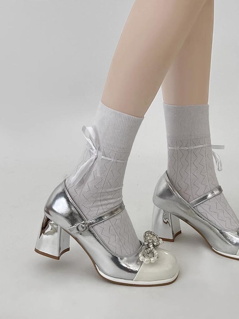 Pearl Bow Silver Round Toe Chunky Heel Mary Jane Shoes Spring Summer Shallow Shoes Fashion High Heeled Footwear