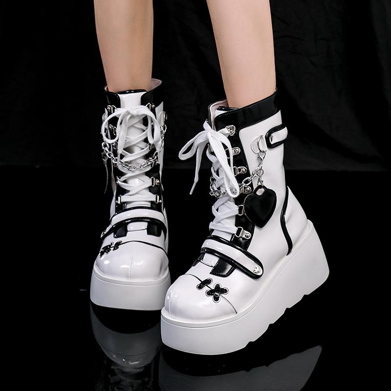 Fashion Metal Style Rock Women's Shoes Autumn New Thick-soled Boots Short Boots Heart-shaped Cross Metal Decoration Punk Style Gothic