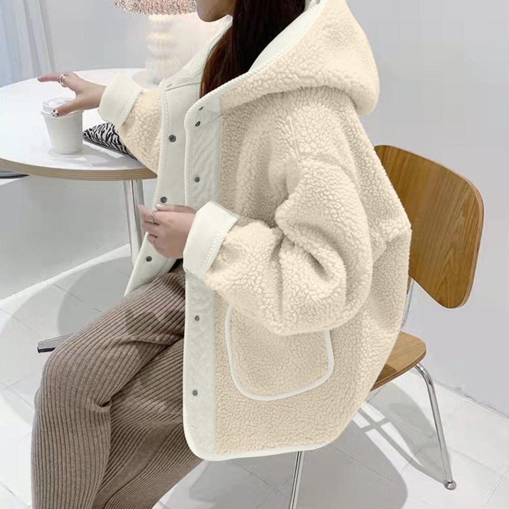 Faux Shearling Hooded Jacket For Women ,Winter Outerwear Button,Front Korean Loose Fit For Petite Frames Slimming And Versatile Top