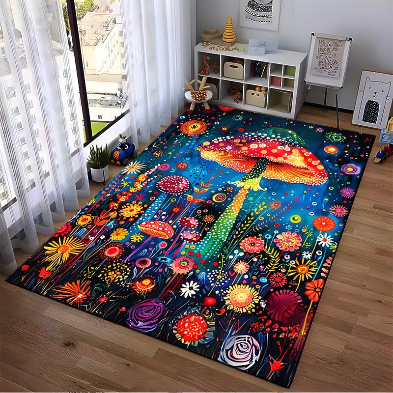 Colorful Mushroom and Floral Carpet, Psychedelic Art Style Design Suitable for use as an anti-slip for living room bedroom sofas