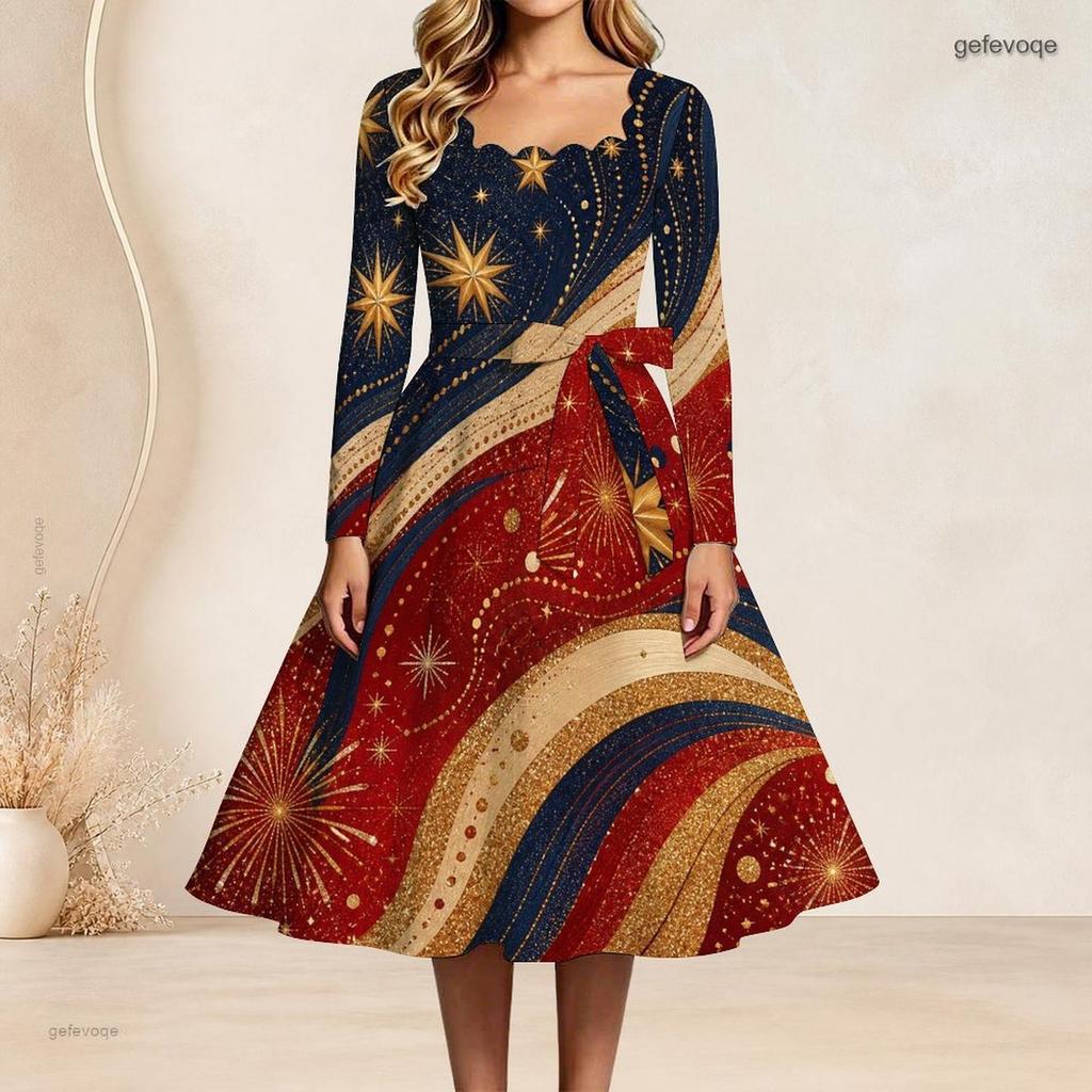 Plus Size Women Square Neck Long Sleeve Dress With Belt Red Blue Gold Star Firework Glitter Print Swing Dress