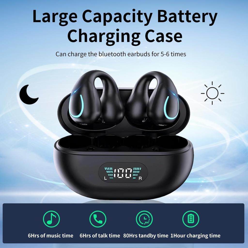 Wireless Earbuds Bone Conduction Bluetooth 5.3 Sports Earphones Built-in Microphone Earhooks Display Charging Case IPX7 Waterproof Headphones