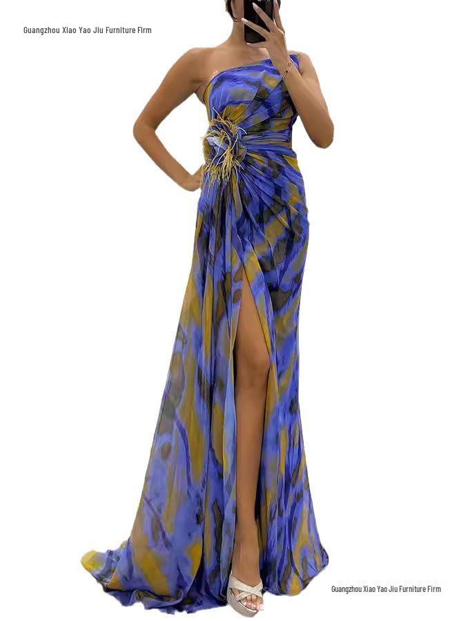 2026 European Chiffon Printed Split Long Casual Party Dress for Women