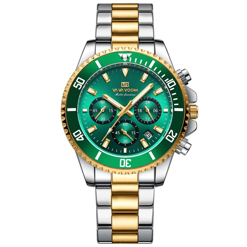 VA VA VOOM Multi-function Chronograph Three-eye Quartz Watch Waterproof Luminous Green Water Ghost Men's Watch