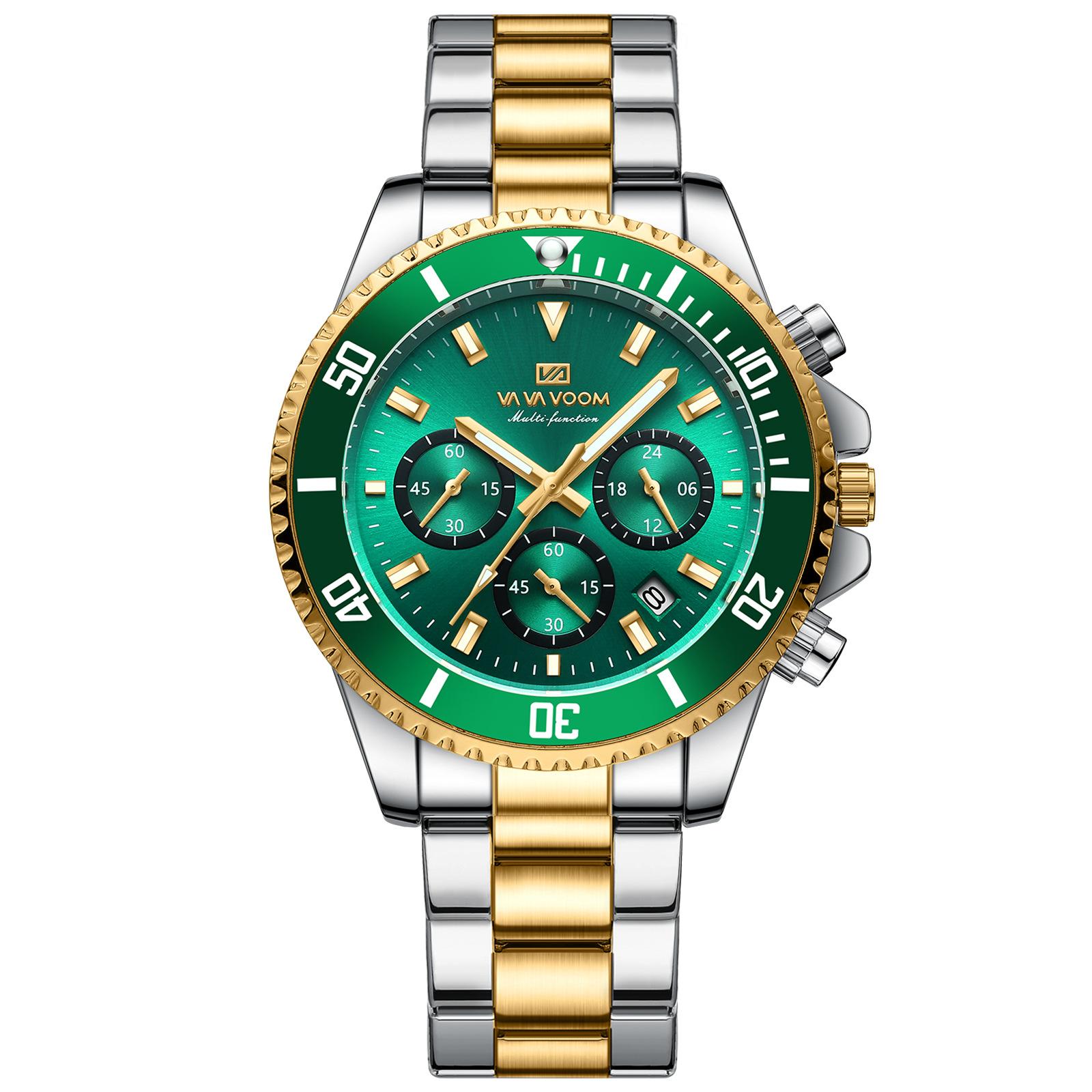 

VA VA VOOM Multi-function Chronograph Three-eye Quartz Watch Waterproof Luminous Green Water Ghost Men s Watch