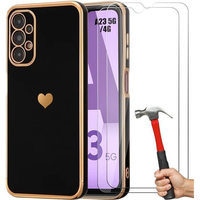 Coque TPU - Samsung - Galaxy A23 4G-5G - Noir - Souple - Motif Cœur - 2 Verres Trempés