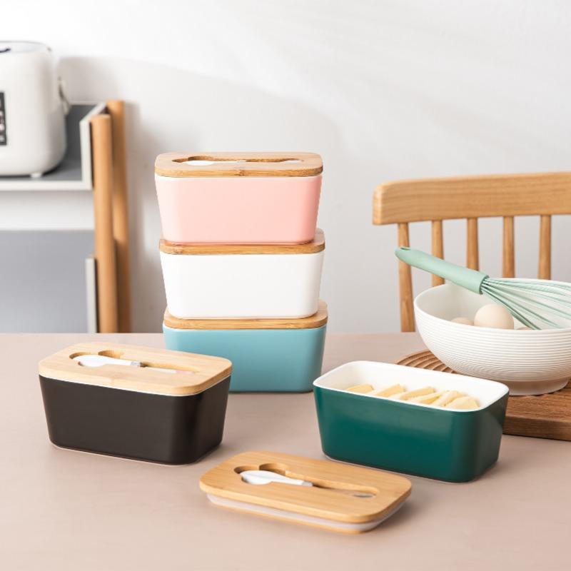 Bambusdeckel mit Keramik-Butterstreicher Butterdose Küche Kühlschrank Aufbewahrung Vorratsdosen Aufbewahrung Frischhaltebox Haushaltsgeschirr