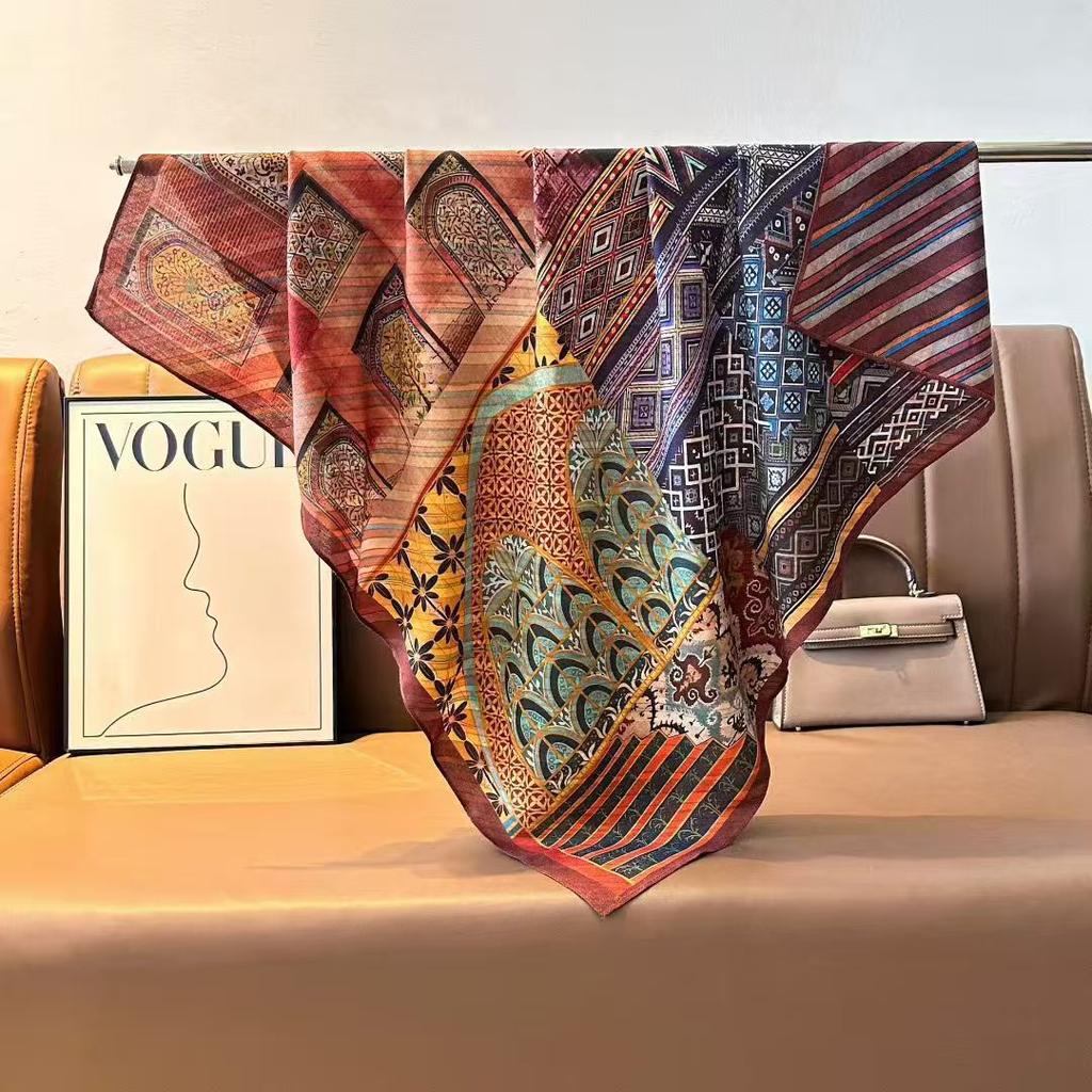 Imitation Velvet Silk Scarf Women'S 90 Square Scarf Double-Sided Heterochrome Splicing Printing Travel Beach Towel Sunscreen Shawl