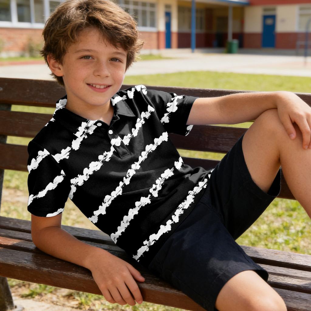 Kids Polo Shirt Short Sleeve Quick Dry Breathable Fabric Collared Tee with Striped Pattern Suitable for Casual Wear and Outdoor Activities