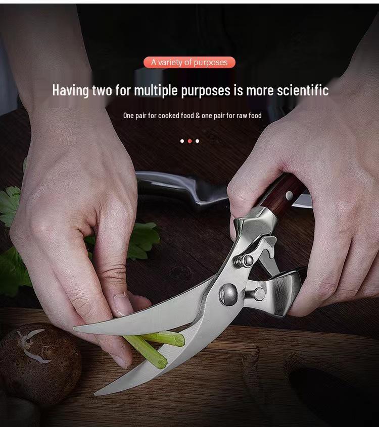 All-Steel Stainless Kitchen Scissors with Wooden Handle - Powerful, Multifunctional, for Cutting Chicken Bones and Household Food Use.