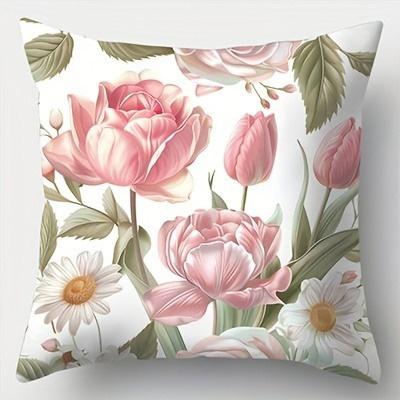 Watercolorstyle Pink Flower Pattern Doublesided Printed Pillow Cover Short Plush Suitable Living Rooms Throw Cushion Cover