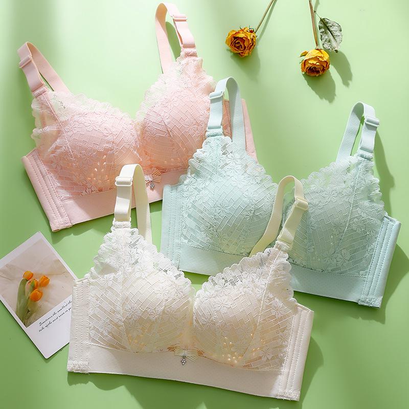 Macaron Fresh Lace Lingerie: No Underwire, Push-Up for Small Bust, Side Control, Beautiful Back, Thin & Breathable Bra