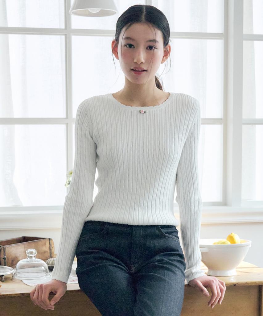 KNIZURE Lace Cottage Slim Fit Knit Pullover_White