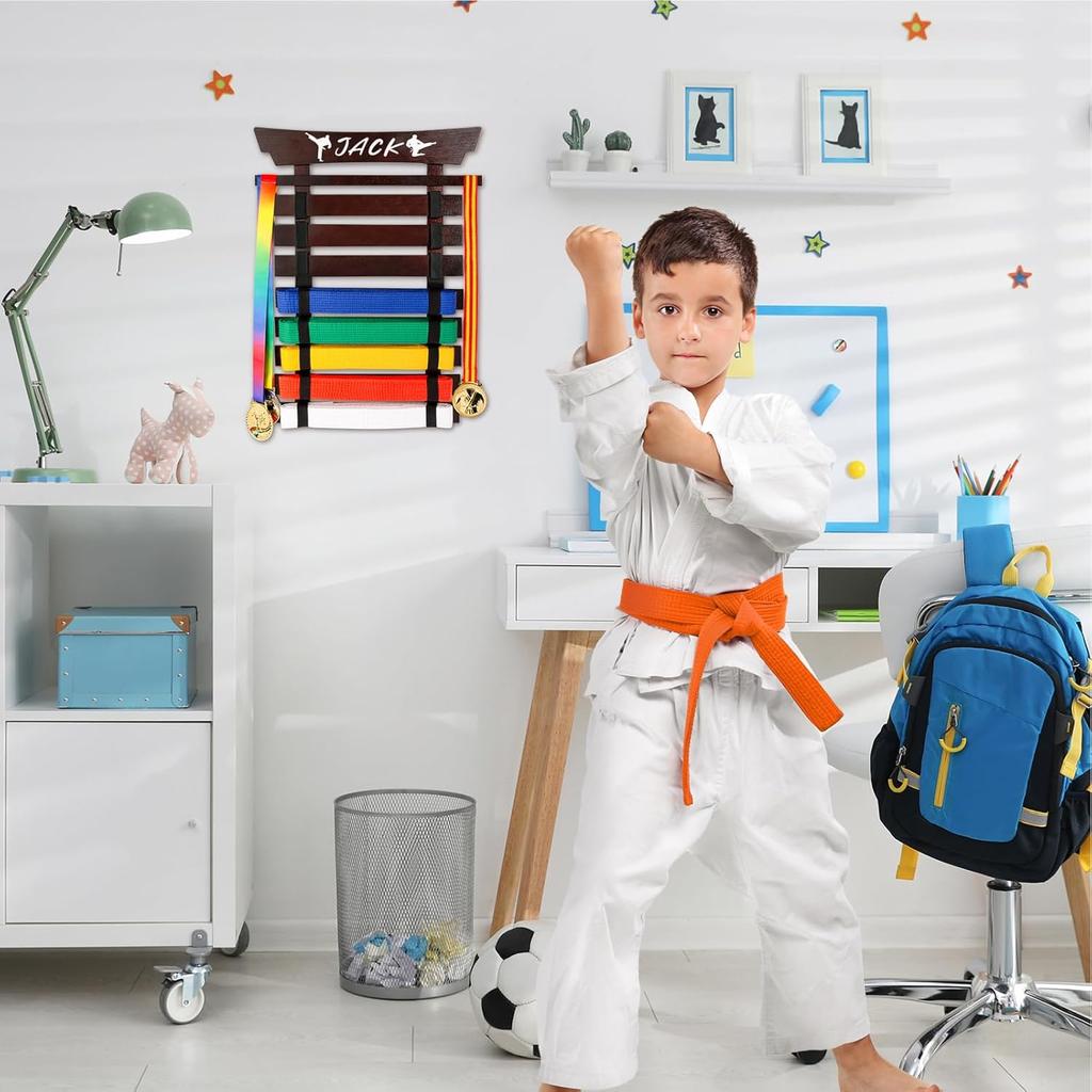 Bamboo/Wood Karate Belt Display Rack, 8 Belt Taekwondo Belt Display with Stickers, Martial Arts Belt Display Holder, Jiu Jitsu BJJ Belt Display