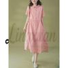 Korean Style Cotton Linen Retro Long Dress for Women, Spring/Summer 2026 Collection, Short Sleeve with Shirt Collar