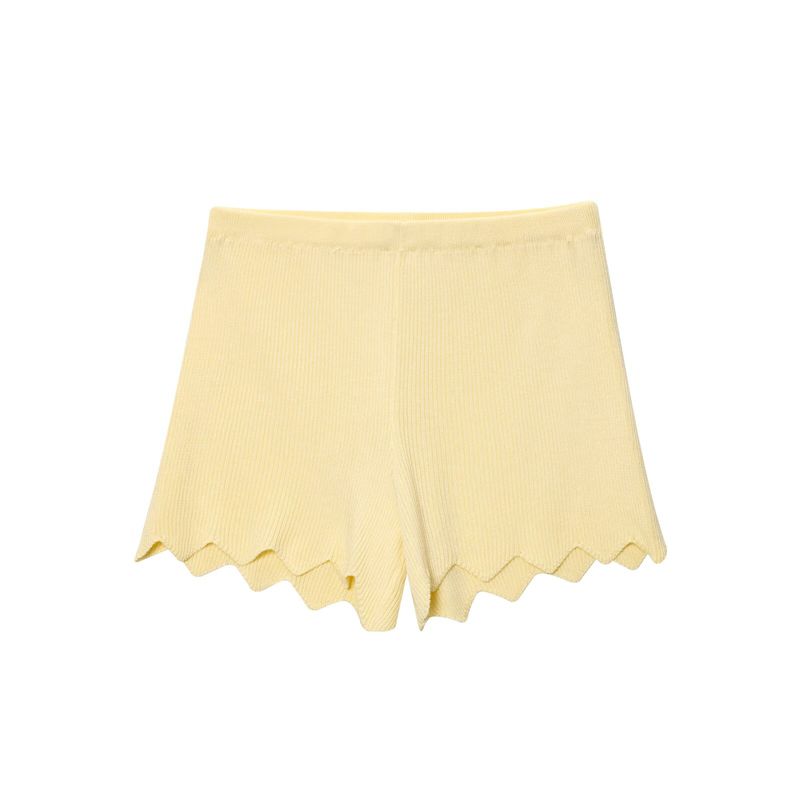 

Summer New Women clothes French style Single Row Multi-Button round Neck Long sleeve Knit Top + Wave Edge Sheath Shorts Yellow Pants L