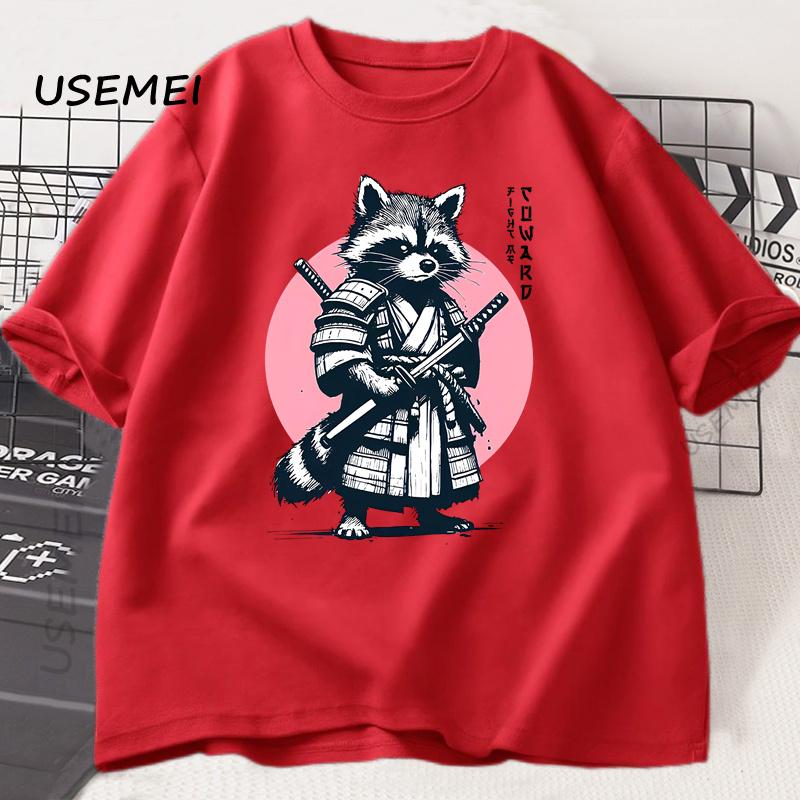 Fight Me Coward Vintage Samurai Raccoon T Shirt Japanese Cat Funny Graphic T-shirt Cotton Short Sleeve O Neck Tees Mens Clothing
