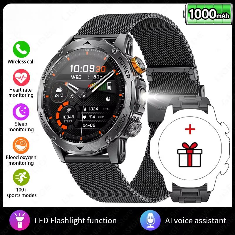 2025 Neue Smartwatch Mann 1000mAh Lange Standby Outdoor Smartwatch Männer LED Taschenlampe Wasserdicht Herzfrequenz Sport BT Anruf Smartwatches