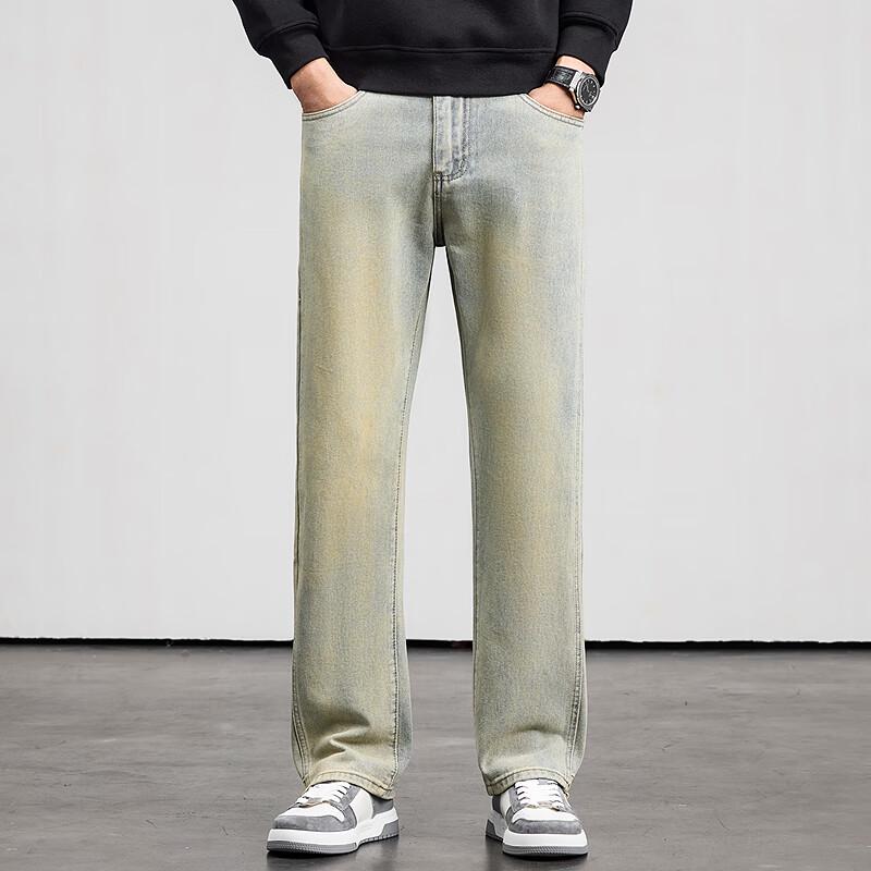 FAPAI Men's Washed Straight-Leg Cotton Jeans