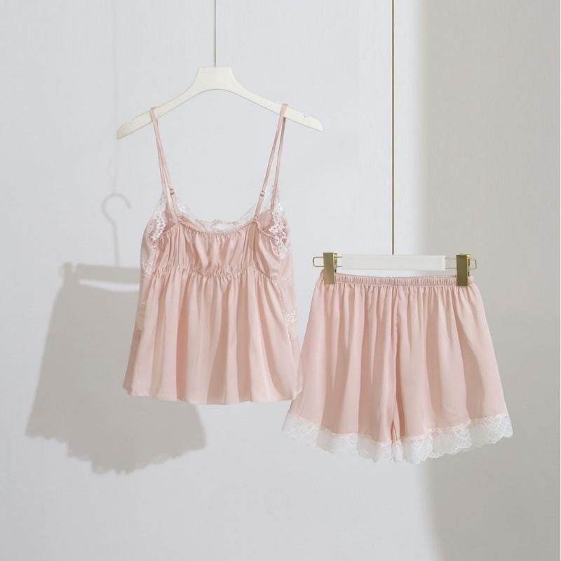 2025 Summer Pure Desire Satin Pajamas Set: Women's Spaghetti Strap Top with Chest Pads and Shorts.