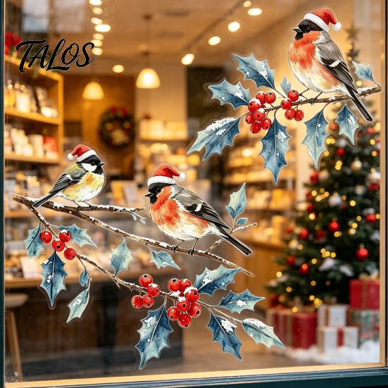 Reusable Christmas Party Decorations Watercolor Bird Window Sticker, Santa Hat on Beey Seasonal Clings Branch Static Decal, Waterproof Cling