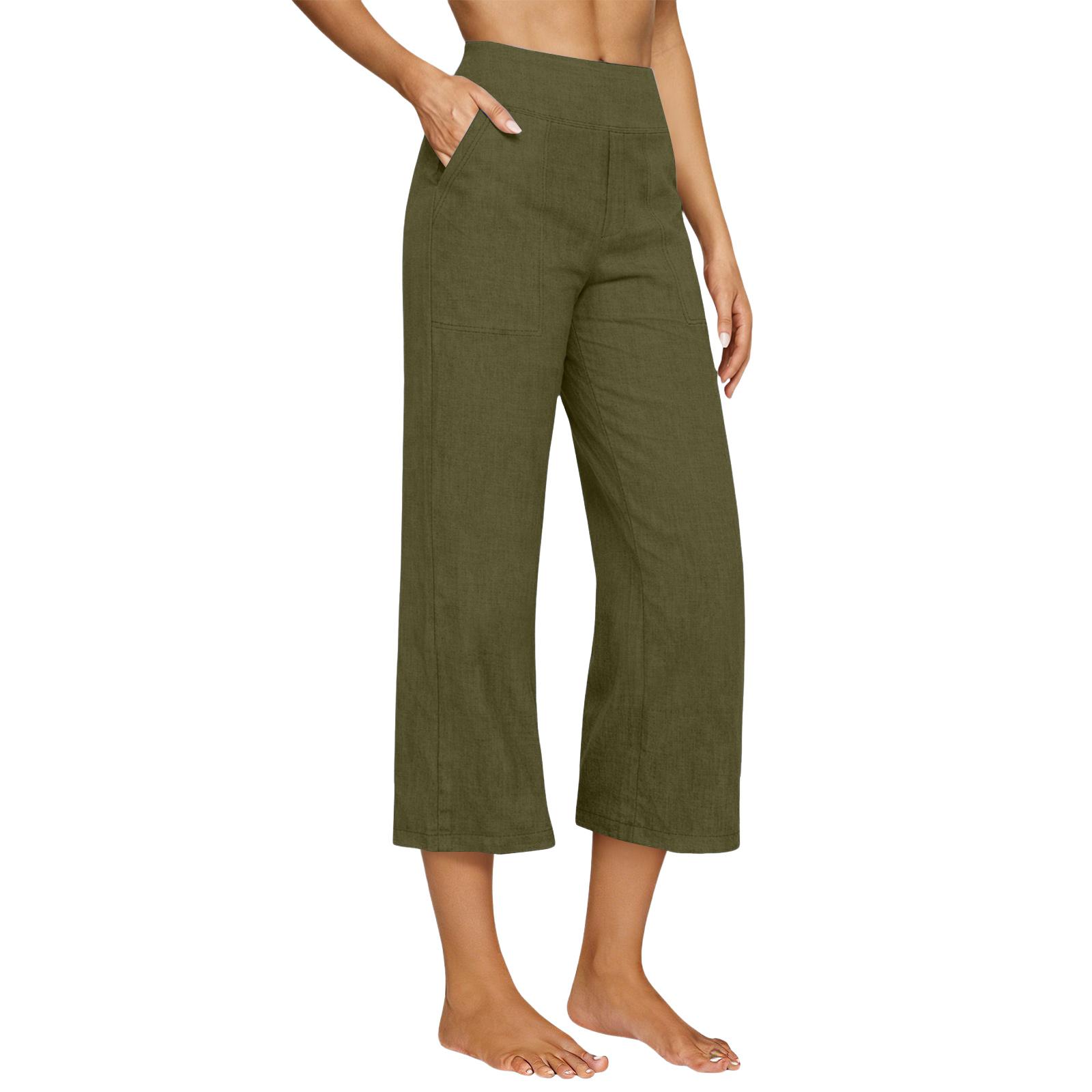 

Women s Fashionable Loose-Fit Pocket Cotton-Linen Blend High-Waisted Wide-Leg Pants Casual Cropped Trousers XXL