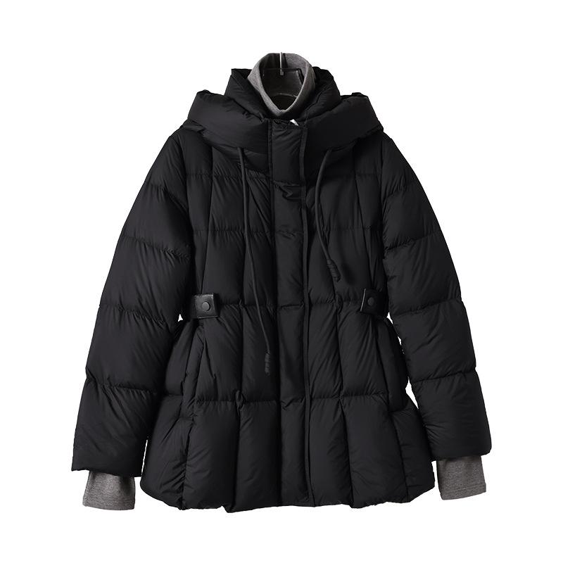 White goose down temperament commuter fashion down jacket women's autumn and winter new hooded long-sleeved warm black coat