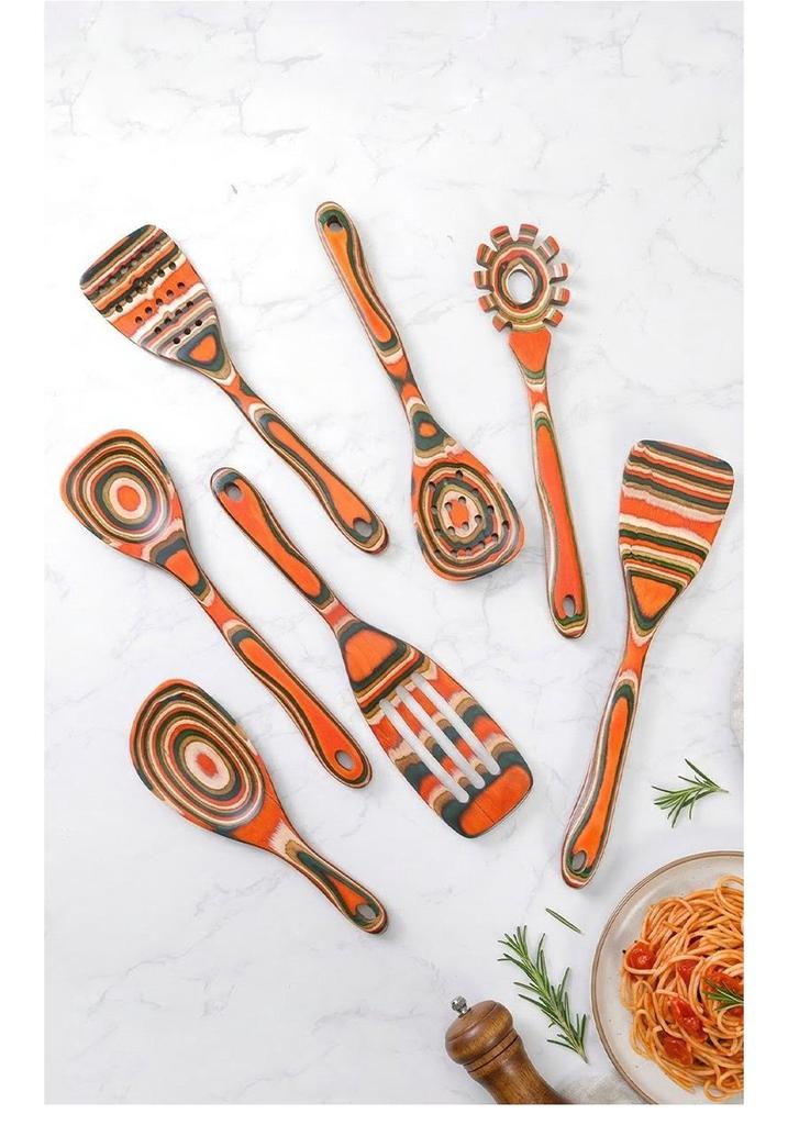 Colored Wooden Kitchen Set: Non-stick Ladle, Strainer, and Spatula.